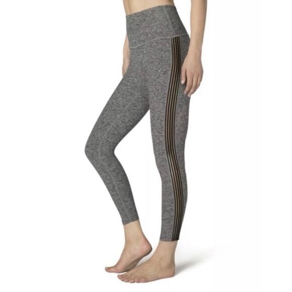 Beyond Yoga High Waisted Sheer Illusion Leggings Gray Black Mesh Side Stripe - Picture 1 of 7